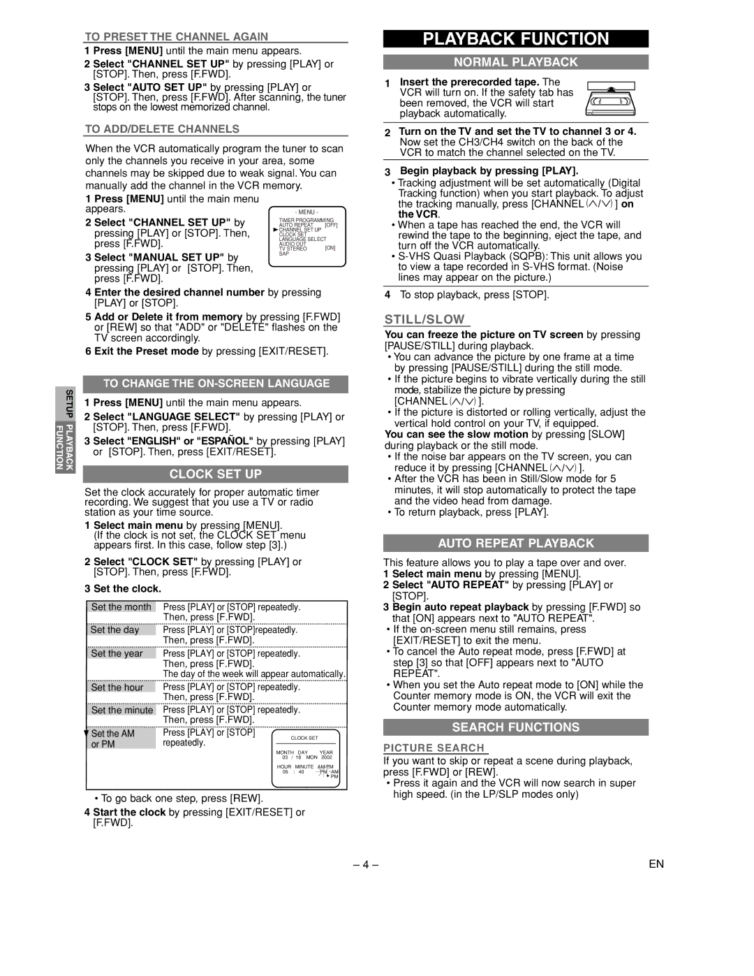 Sylvania 6265FC owner manual Playback Function, Normal Playback, Clock SET UP, Auto Repeat Playback, Search Functions 