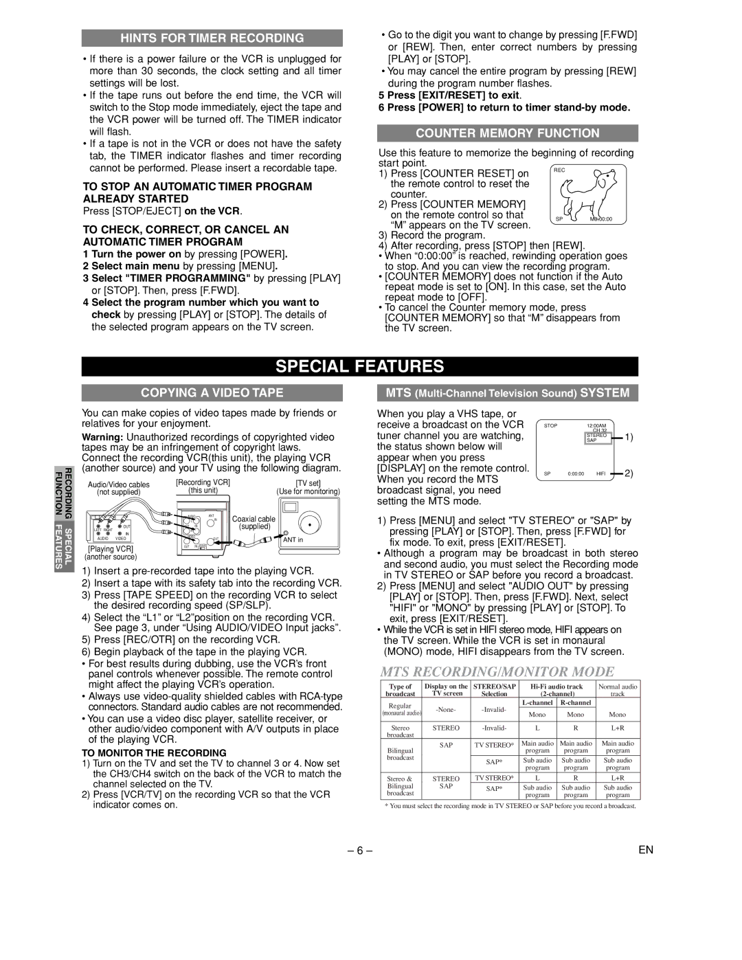 Sylvania 6265FC owner manual Special Features, Hints for Timer Recording, Counter Memory Function, Copying a Video Tape 