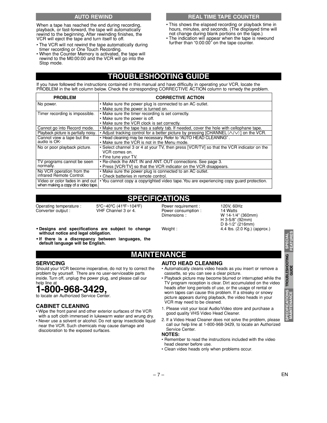 Sylvania 6265FC owner manual Troubleshooting Guide, Specifications, Maintenance, Auto Rewind, Real Time Tape Counter 