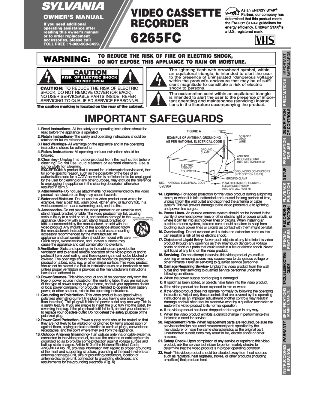 Sylvania 6265FC owner manual Important Safeguards, Video Cassette Recorder, Owner’S Manual, Description, Controls 
