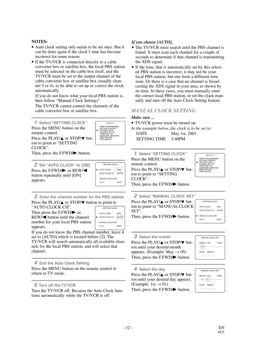 Sylvania 6309CB owner manual Manual Clock Setting, If you choose Auto 