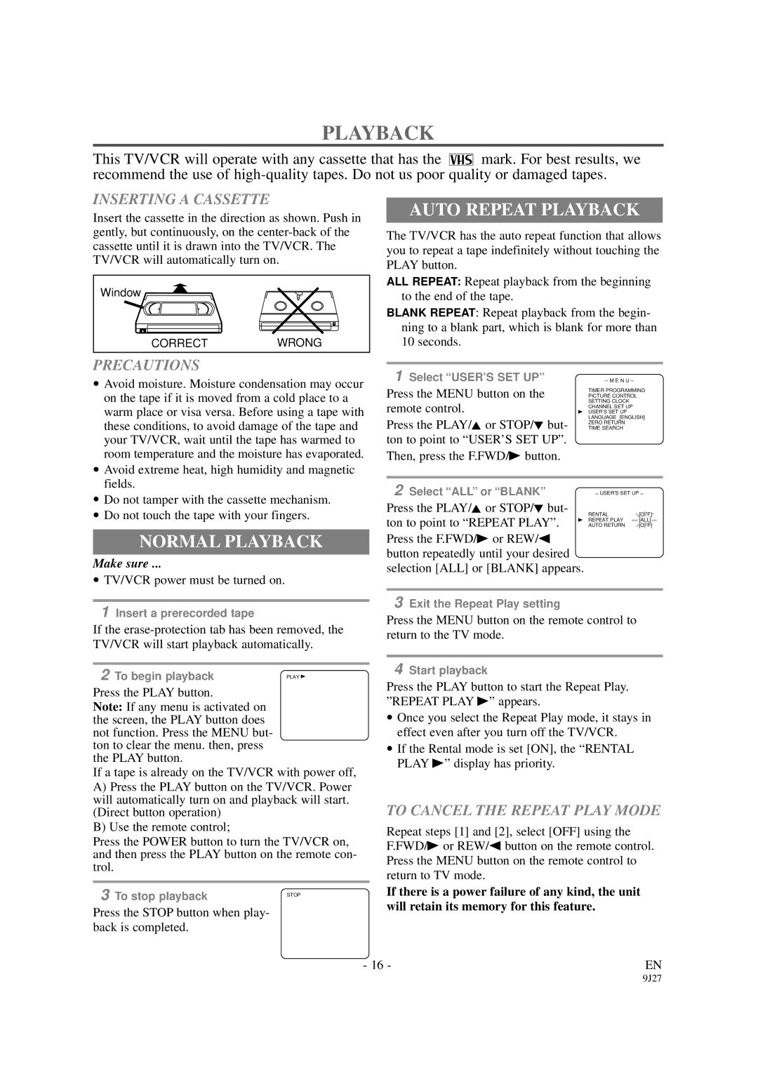 Sylvania 6309CB owner manual Auto Repeat Playback, Normal Playback 