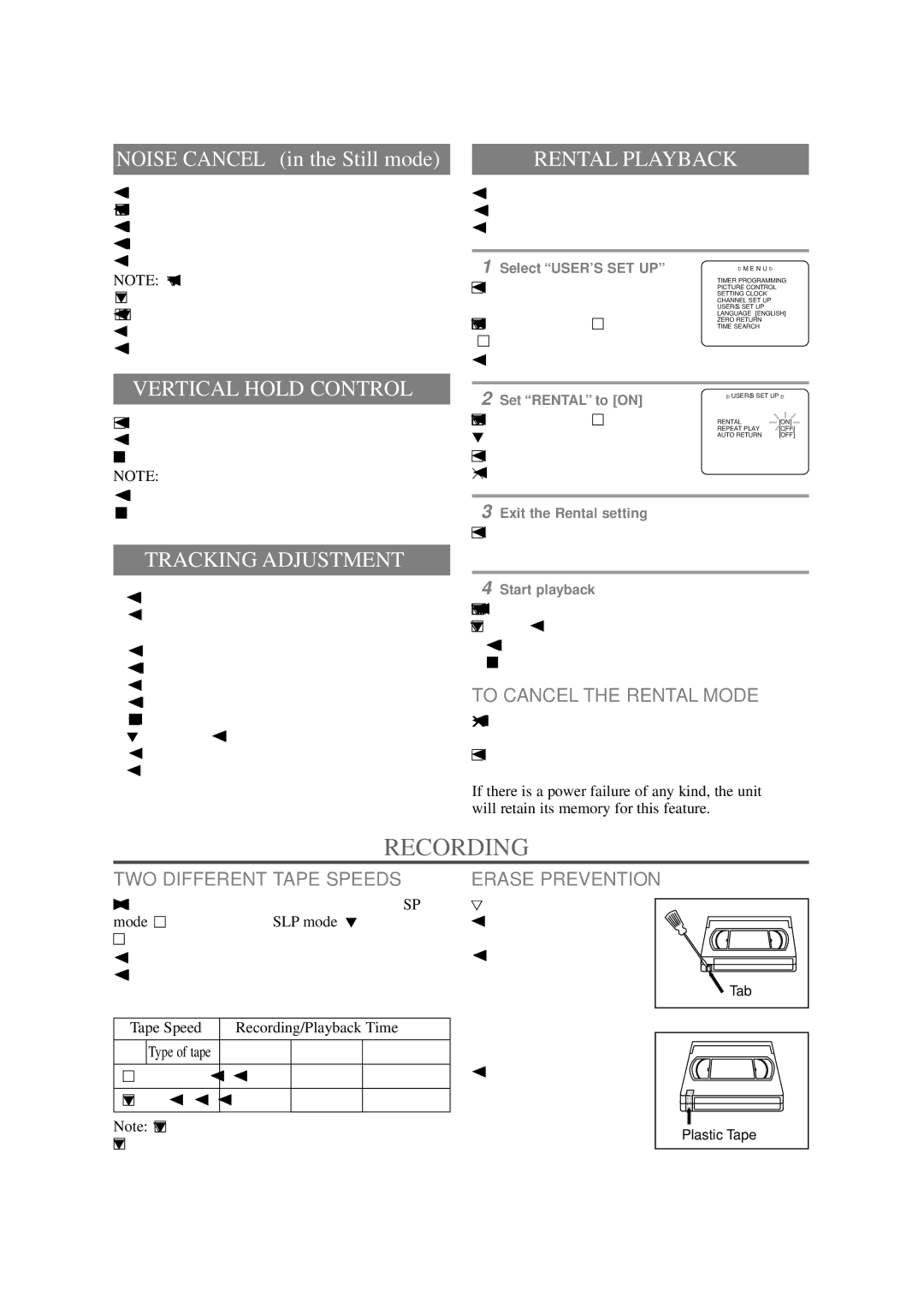 Sylvania 6309CB owner manual Recording, Rental Playback, Vertical Hold Control, Tracking Adjustment 