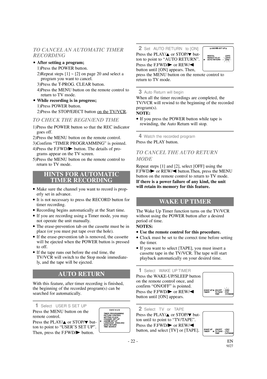 Sylvania 6309CB owner manual Hints for Automatic Timer Recording, Wake UP Timer, Auto Return 