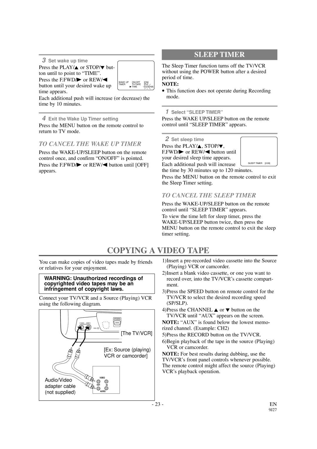 Sylvania 6309CB owner manual Copying a Video Tape, To Cancel the Wake UP Timer, To Cancel the Sleep Timer 