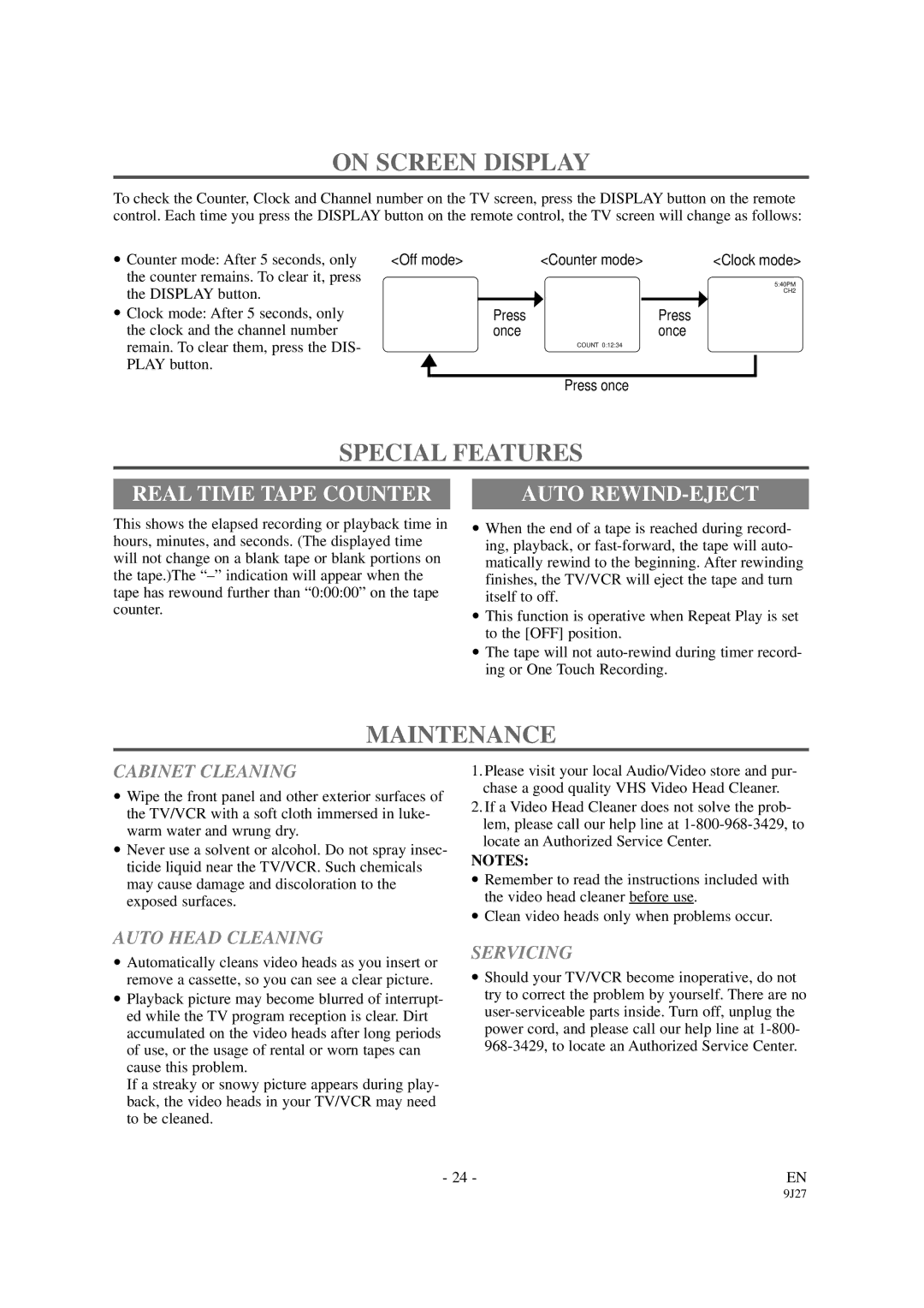 Sylvania 6309CB owner manual On Screen Display, Special Features, Maintenance, Real Time Tape Counter, Auto REWIND-EJECT 