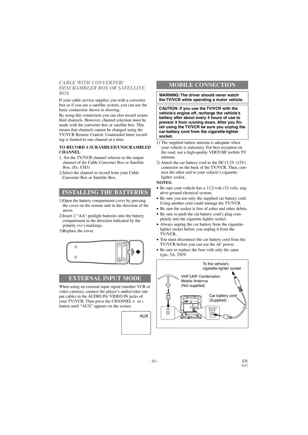 Sylvania 6309CC owner manual Installing the Batteries, External Input Mode, Mobile Connection 