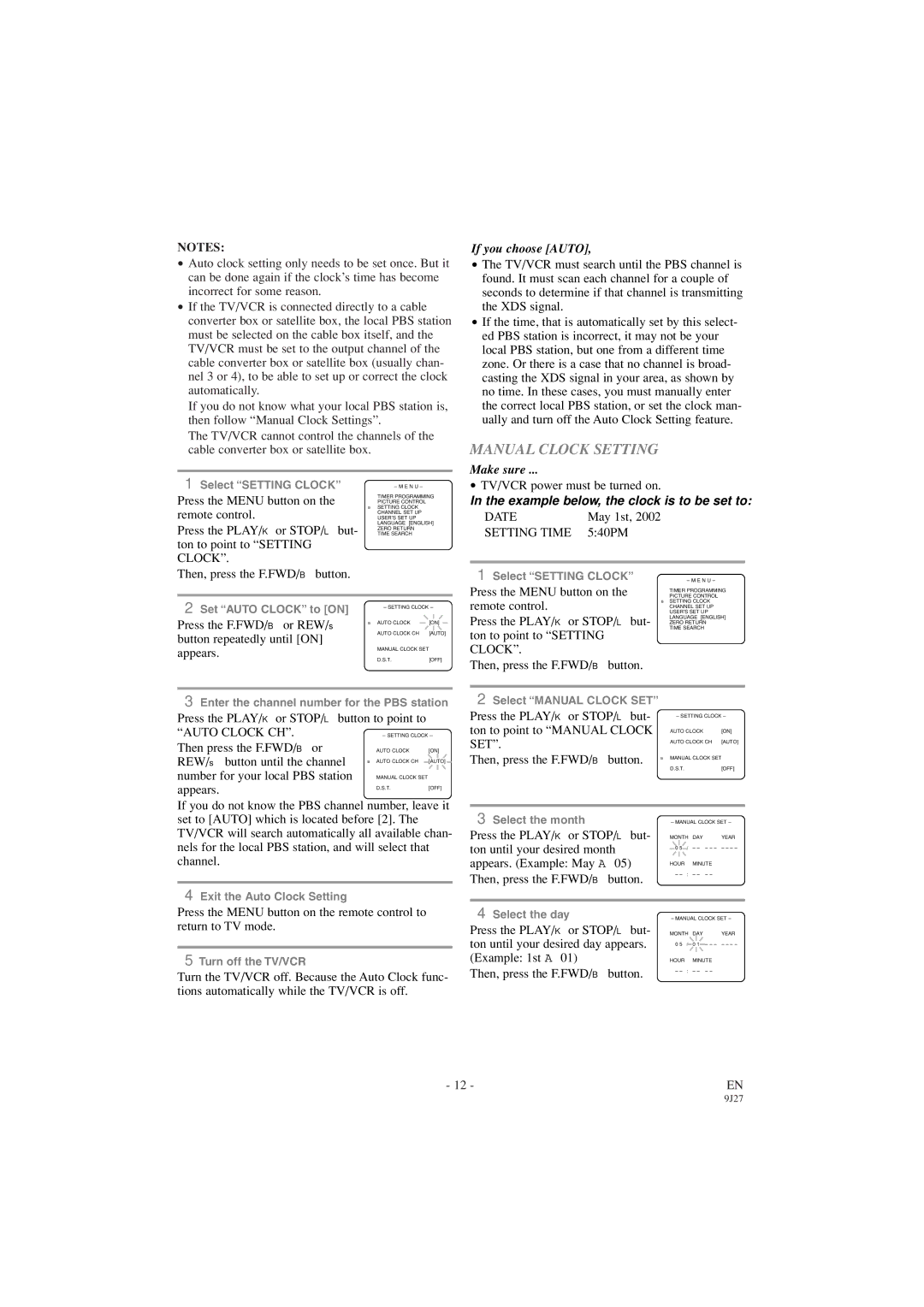 Sylvania 6309CC owner manual Manual Clock Setting, If you choose Auto 