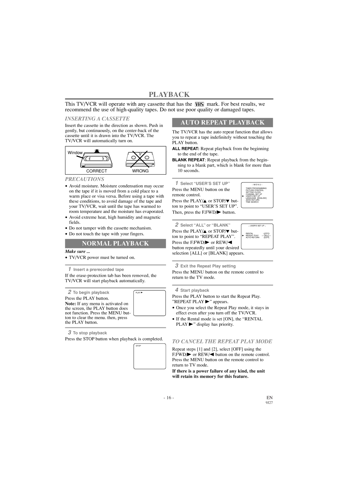 Sylvania 6309CC owner manual Auto Repeat Playback, Normal Playback 