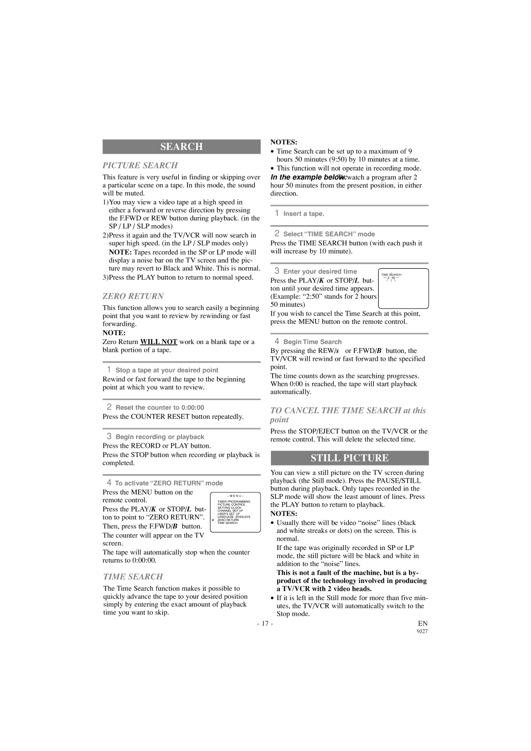 Sylvania 6309CC owner manual Still Picture, Picture Search, Zero Return, Time Search 