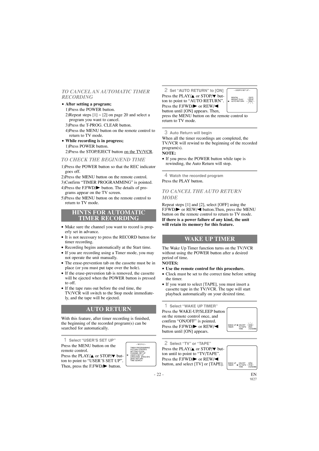 Sylvania 6309CC owner manual Hints for Automatic Timer Recording, Wake UP Timer, Auto Return 