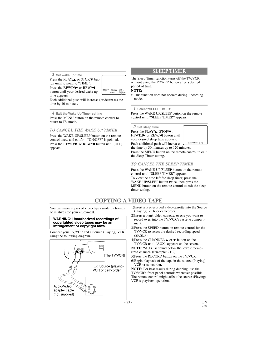 Sylvania 6309CC owner manual Copying a Video Tape, To Cancel the Wake UP Timer, To Cancel the Sleep Timer 