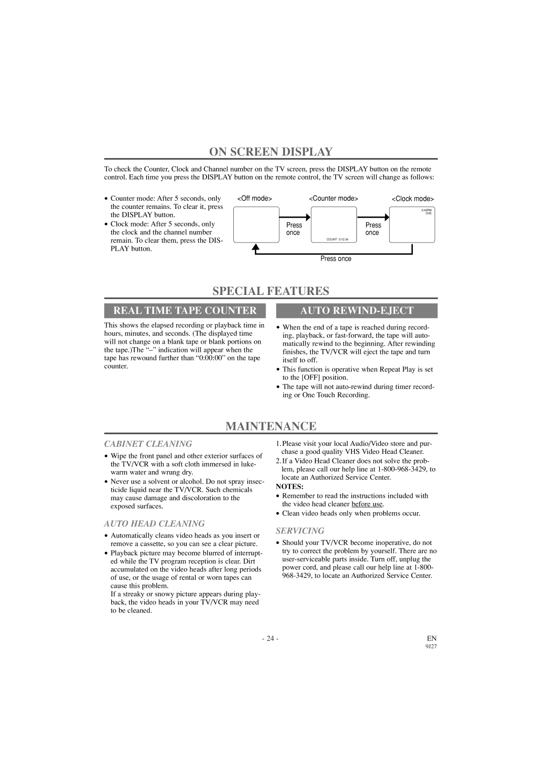 Sylvania 6309CC owner manual On Screen Display, Special Features, Maintenance, Real Time Tape Counter, Auto REWIND-EJECT 