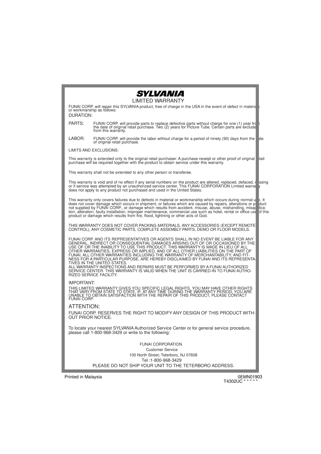 Sylvania 6309CC owner manual Limited Warranty, Duration 