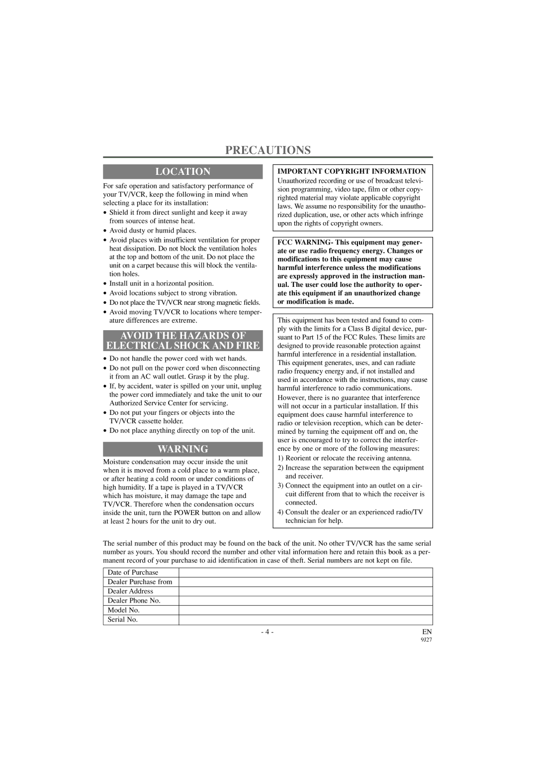 Sylvania 6309CC Precautions, Location, Avoid the Hazards Electrical Shock and Fire, Important Copyright Information 