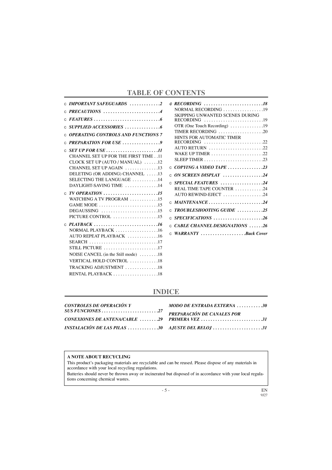 Sylvania 6309CC owner manual Table of Contents, Indice 