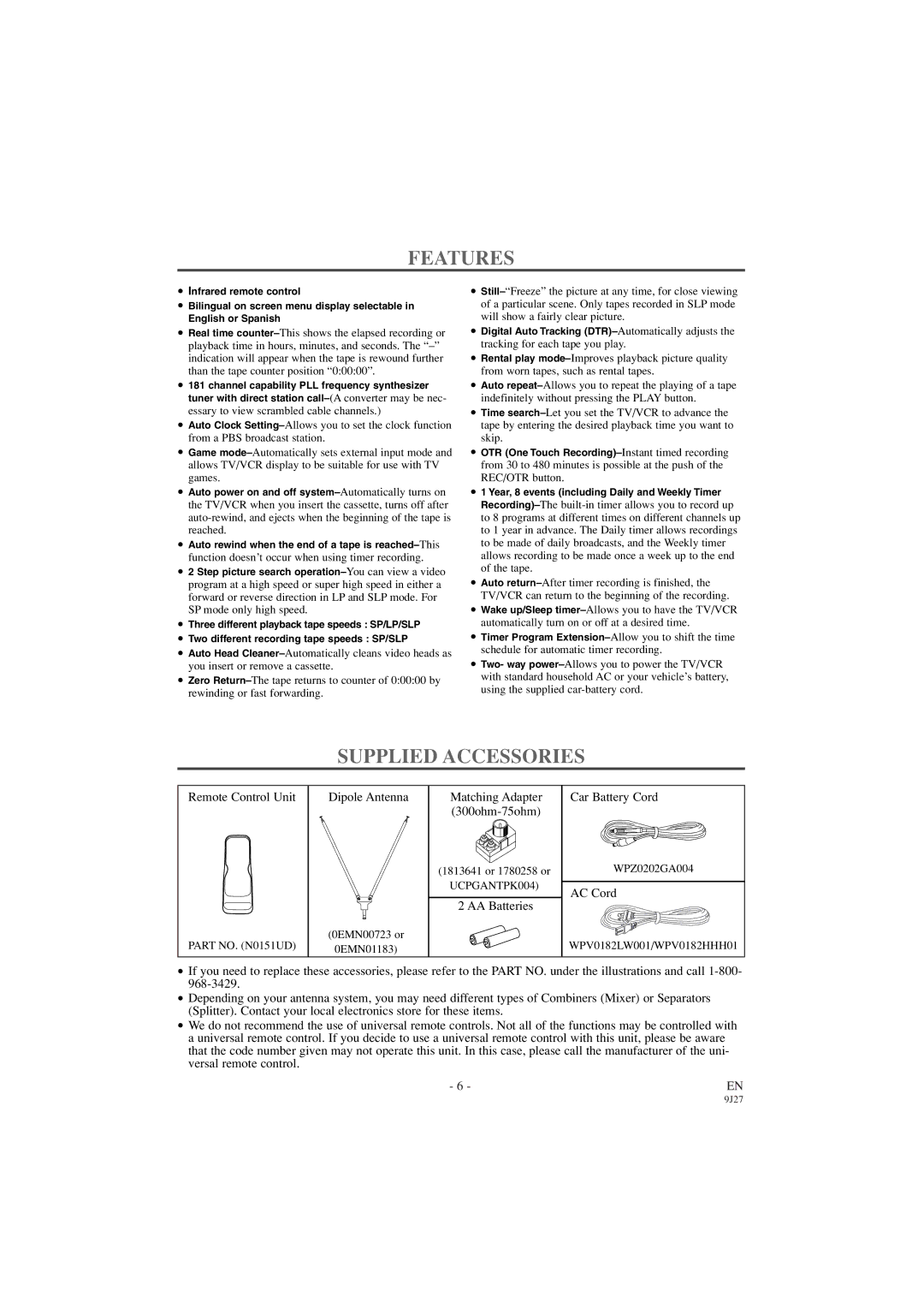 Sylvania 6309CC owner manual Features, Supplied Accessories 