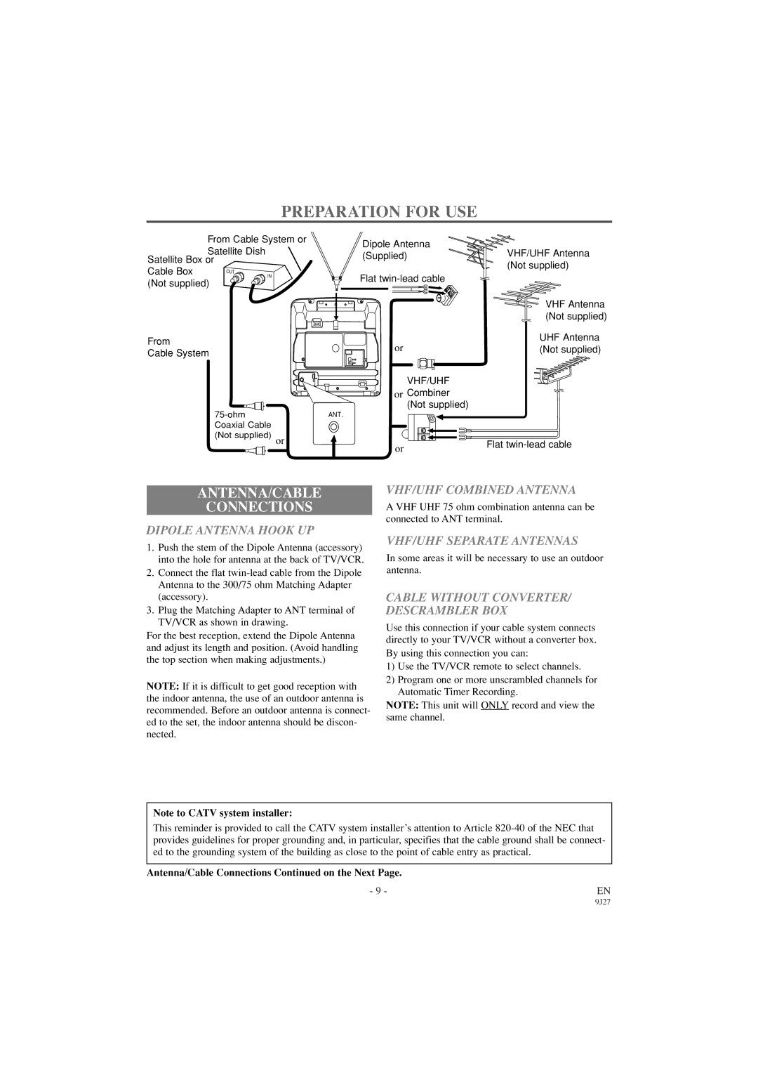 Sylvania 6309CC Preparation for USE, VHF/UHF Combined Antenna, Dipole Antenna Hook UP, VHF/UHF Separate Antennas 