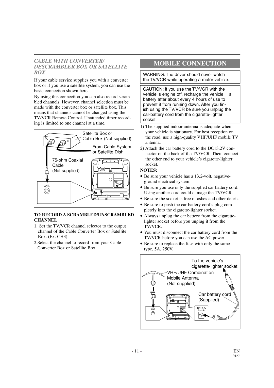 Sylvania 6309CCB owner manual Mobile Connection, Cable with CONVERTER/ Descrambler BOX or Satellite BOX 