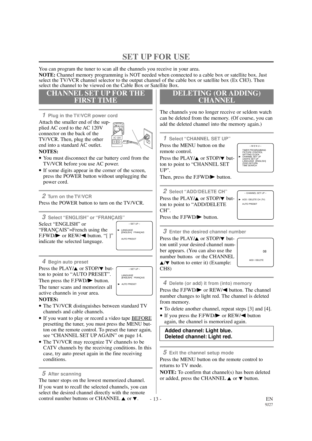 Sylvania 6309CCB owner manual SET UP for USE, Channel SET UP for Deleting or Adding 