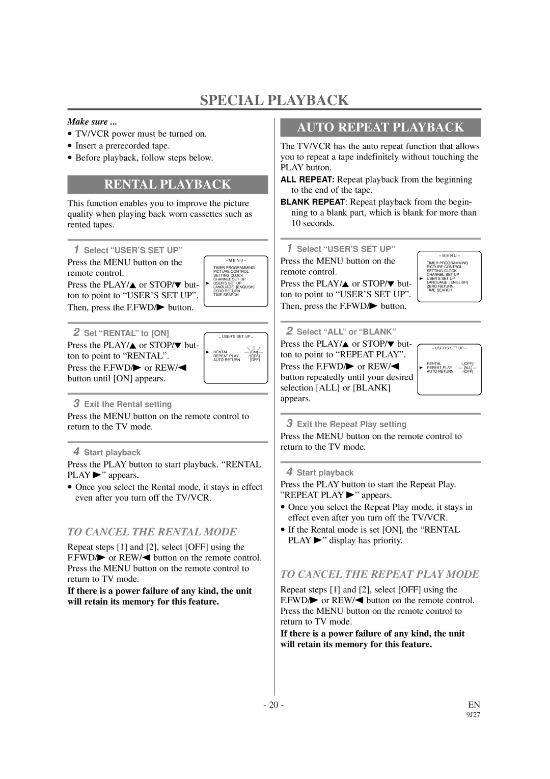 Sylvania 6309CCB owner manual Special Playback, Rental Playback, Auto Repeat Playback, To Cancel the Rental Mode 