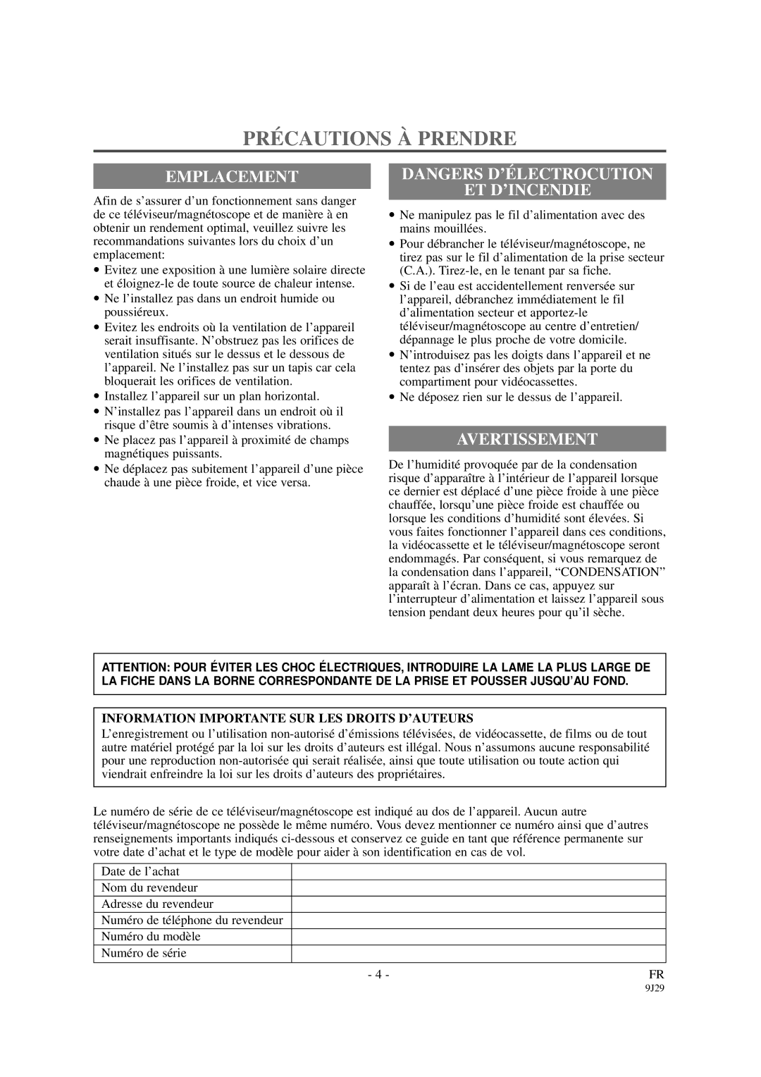 Sylvania 6309CCB owner manual PRÉ Cautions À Prendre, Emplacement, Et D’Incendie, Avertissement 