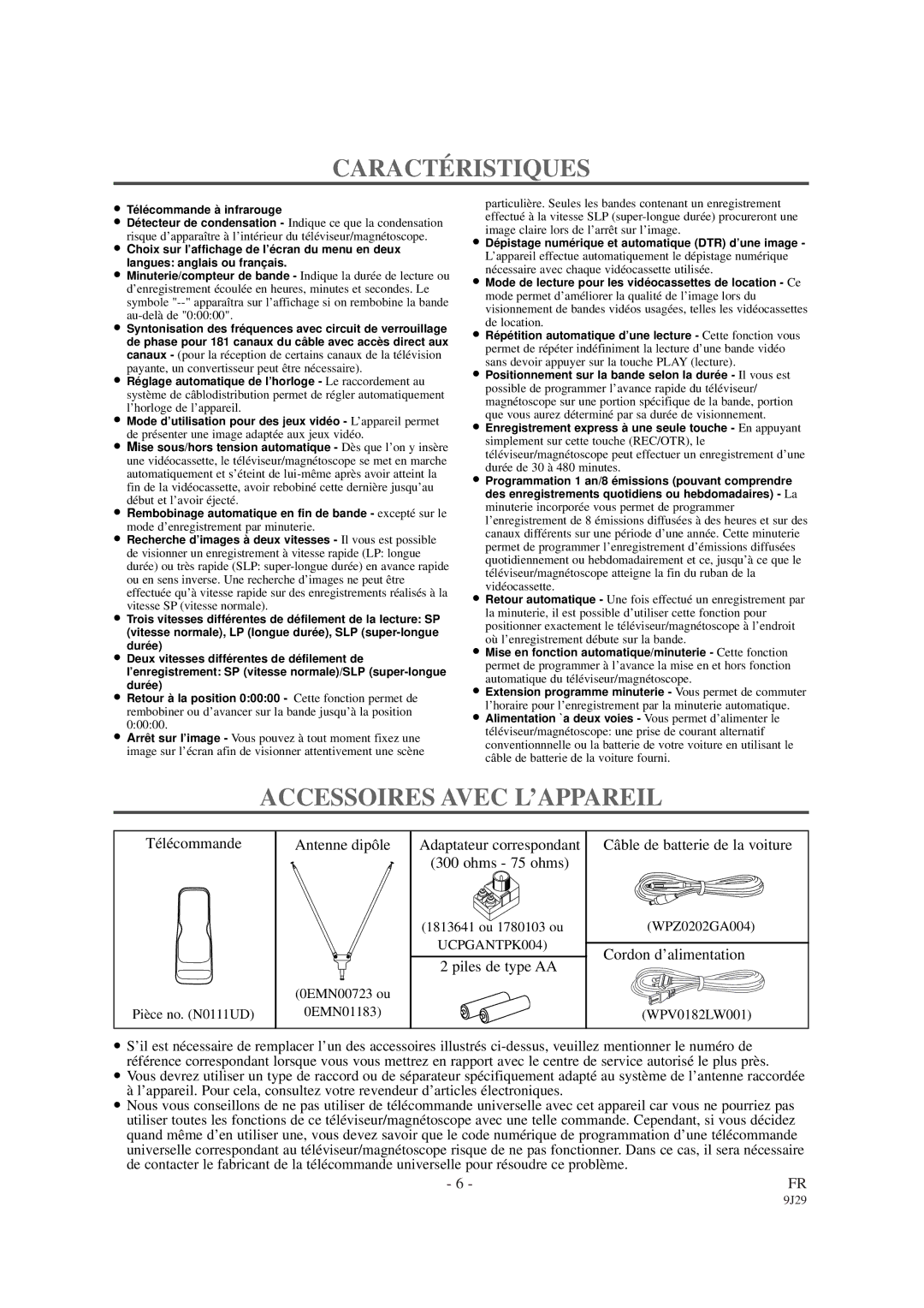 Sylvania 6309CCB owner manual Caracté Ristiques, Accessoires Avec L’APPAREIL 