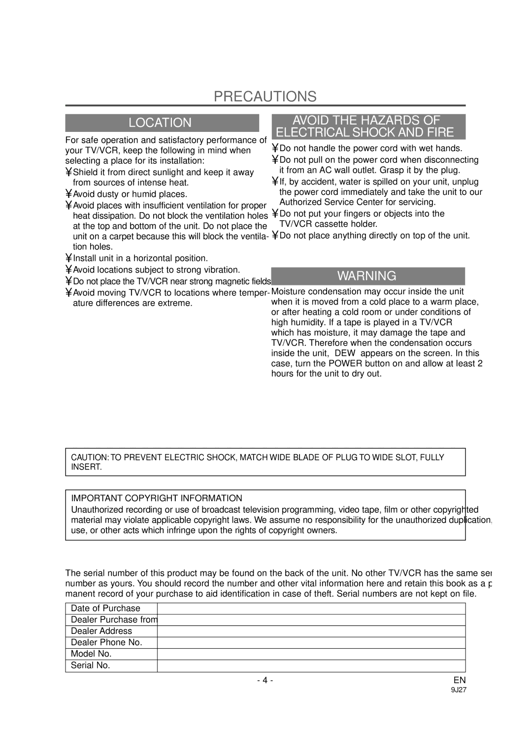 Sylvania 6309CCB Precautions, Location, Avoid the Hazards Electrical Shock and Fire, Important Copyright Information 