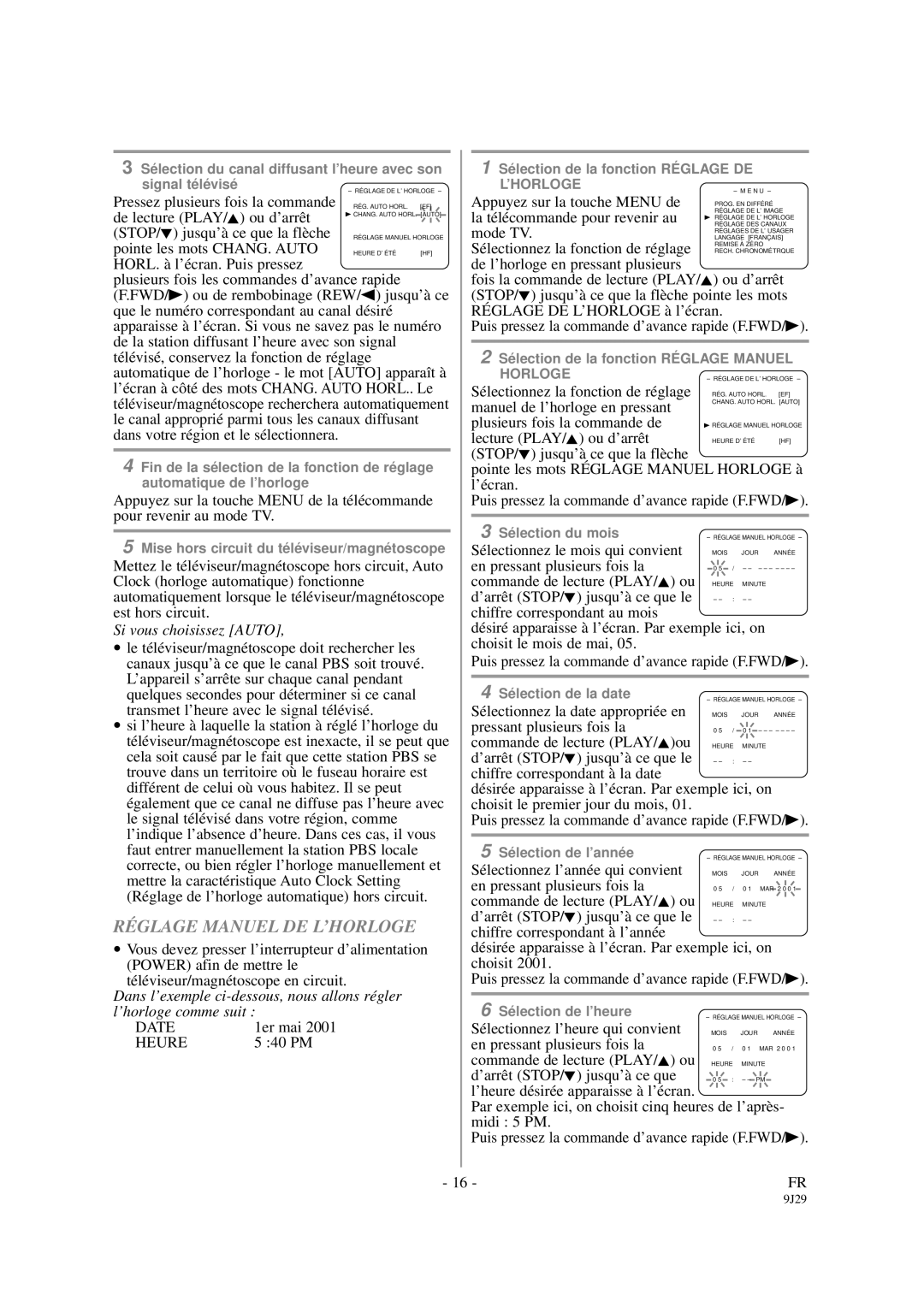 Sylvania 6309CCB owner manual Réglage Manuel DE L’HORLOGE, Heure 