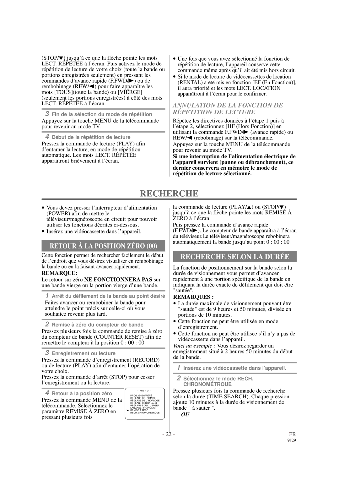 Sylvania 6309CCB owner manual Retour À LA Position ZÉ RO, Recherche Selon LA Duré E 