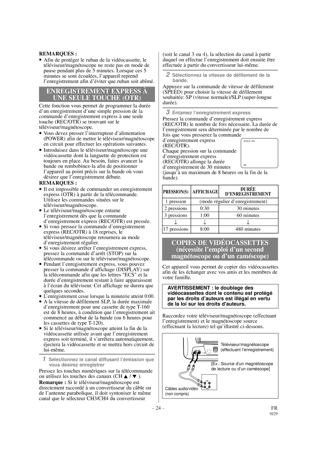 Sylvania 6309CCB owner manual Enregistrement Express À UNE Seule Touche OTR, Duré E 