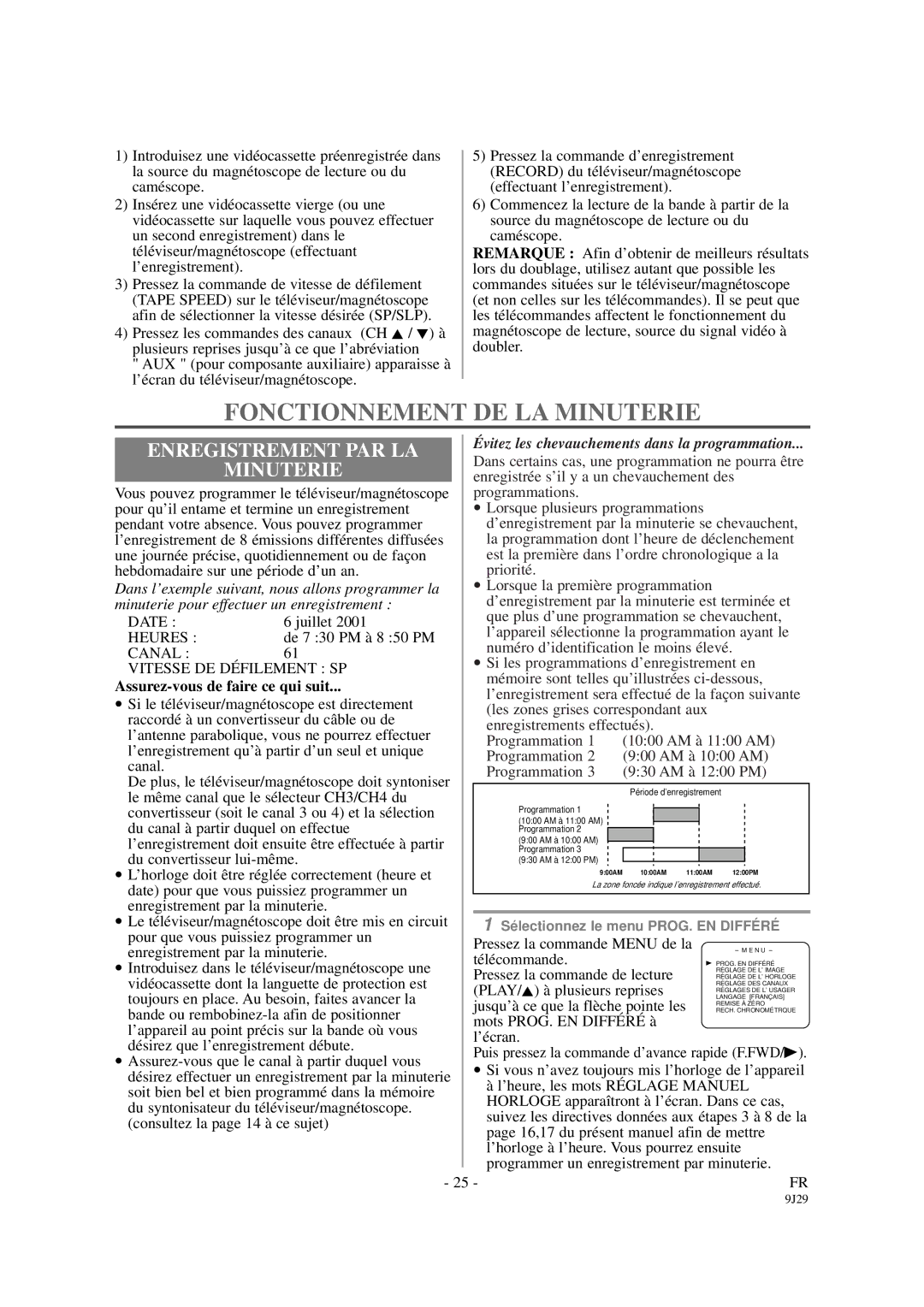 Sylvania 6309CCB Fonctionnement DE LA Minuterie, Enregistrement PAR LA Minuterie, Heures, Canal Vitesse DE DÉ Filement SP 