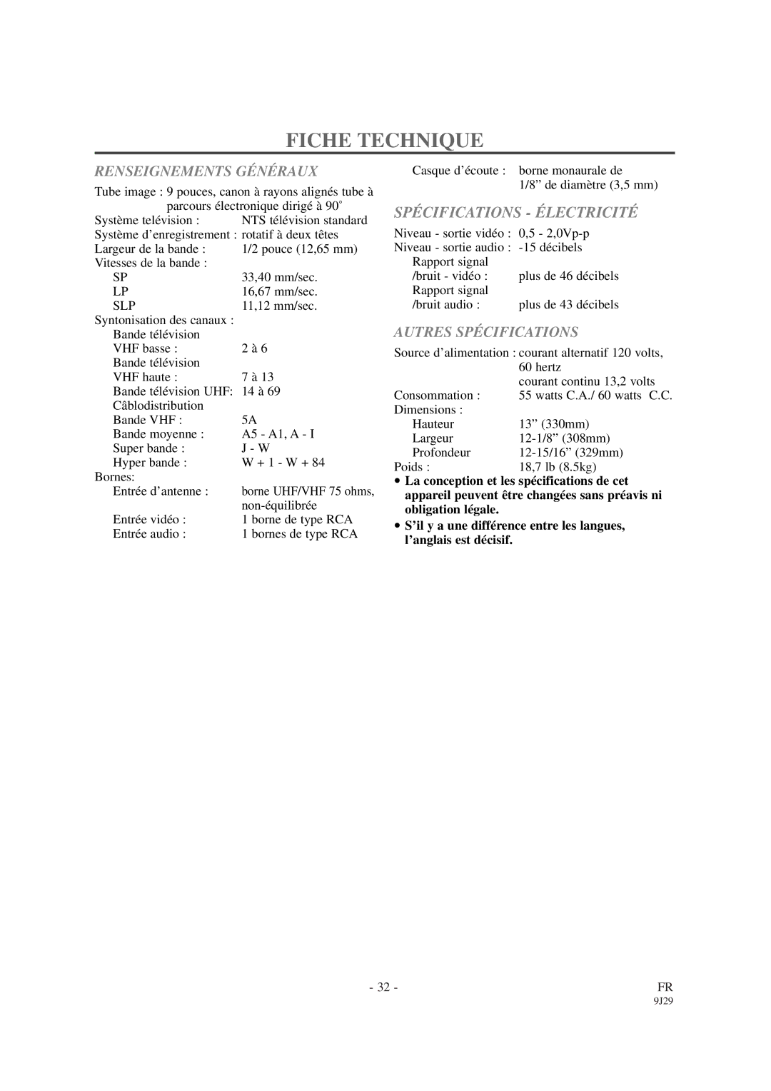 Sylvania 6309CCB owner manual Fiche Technique, Spécifications Électricité, Renseignements Généraux, Autres Spécifications 