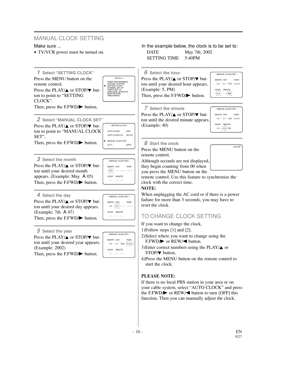 Sylvania 6309CCC owner manual Manual Clock Setting, To Change Clock Setting, Please Note 