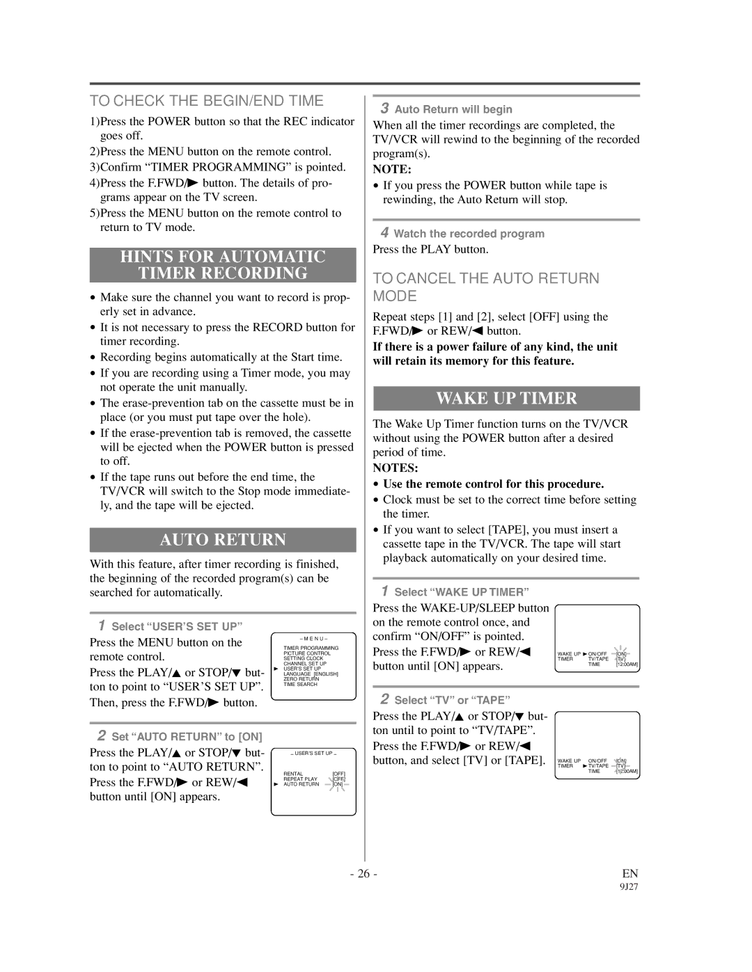 Sylvania 6309CCC owner manual Hints for Automatic Timer Recording, Auto Return, Wake UP Timer, To Check the BEGIN/END Time 