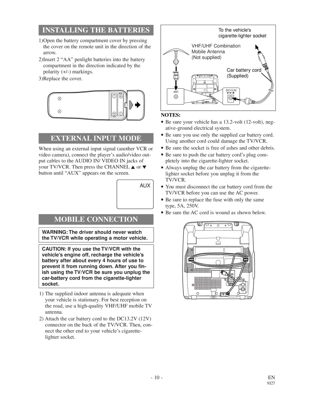 Sylvania 6309CD owner manual Installing the Batteries, External Input Mode, Mobile Connection 