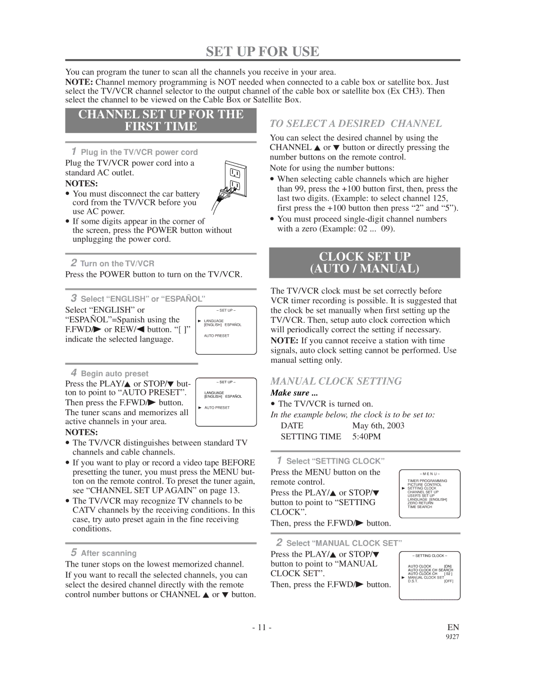 Sylvania 6309CD SET UP for USE, Channel SET UP for First Time, Clock SET UP Auto / Manual, To Select a Desired Channel 