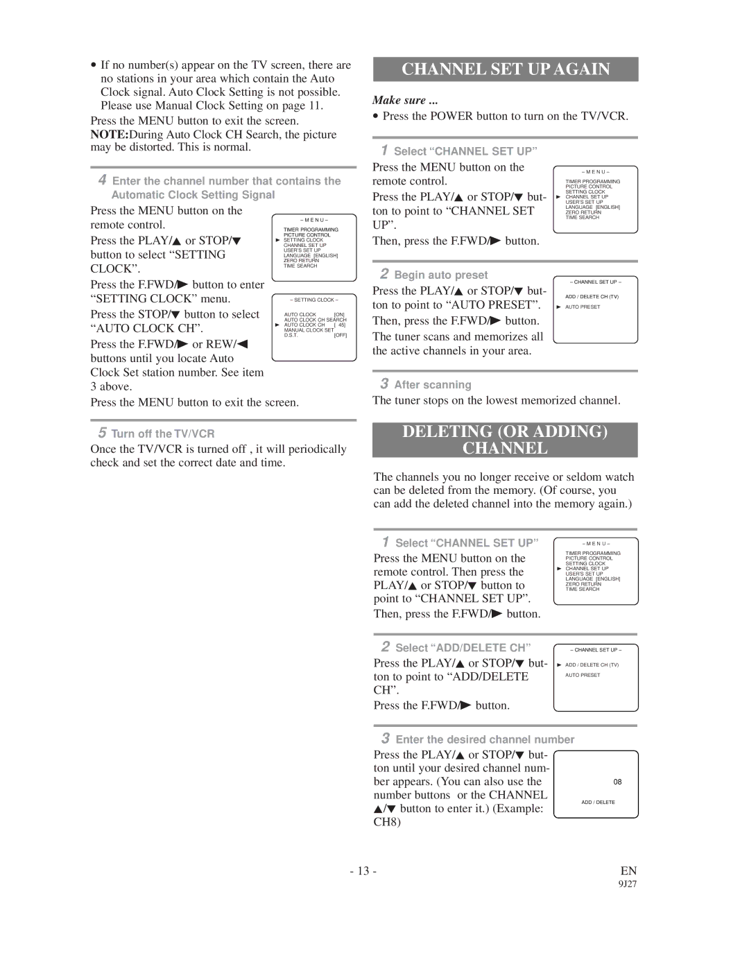 Sylvania 6309CD owner manual Channel SET UP Again, Deleting or Adding Channel, Clock 