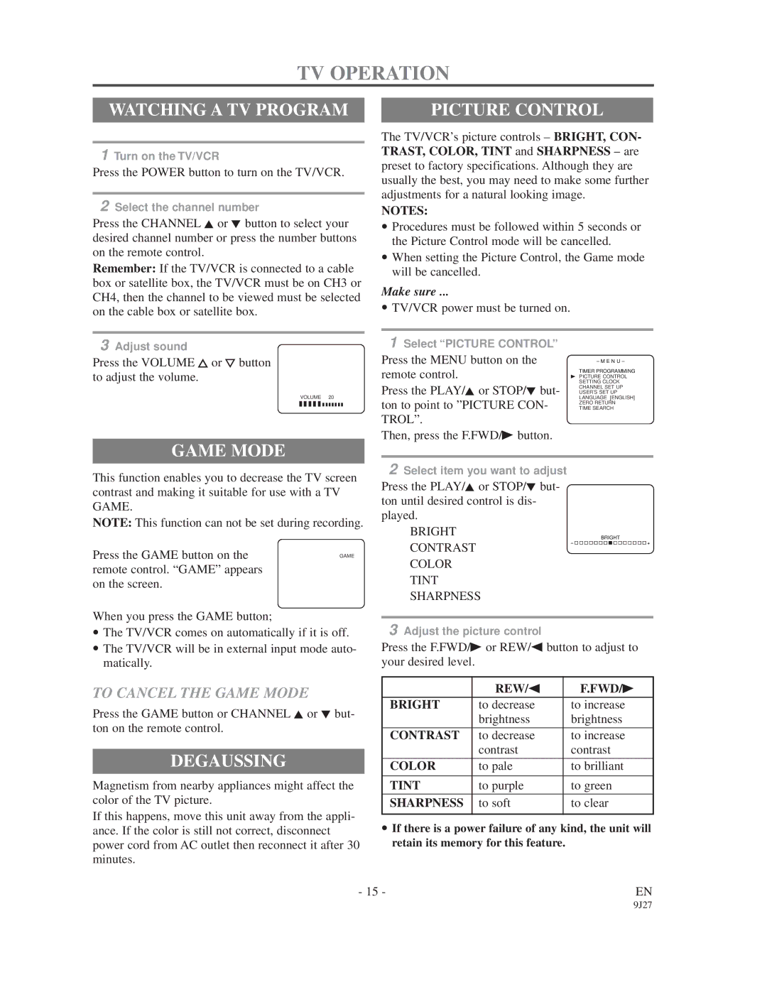 Sylvania 6309CD owner manual TV Operation, Watching a TV Program, Picture Control, Game Mode, Degaussing 