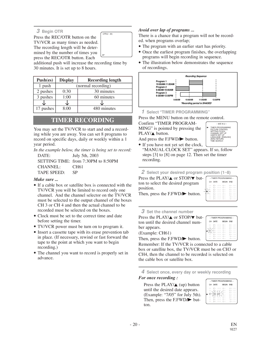 Sylvania 6309CD owner manual Timer Recording, Pushes Display Recording length, Channel CH61 Tape Speed SP 