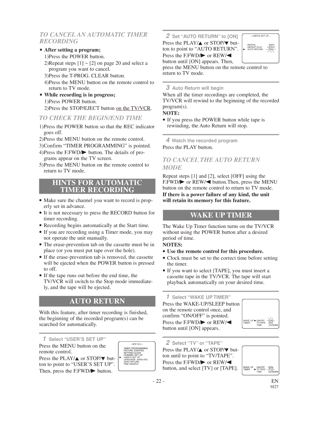 Sylvania 6309CD owner manual Hints for Automatic Timer Recording, Wake UP Timer, Auto Return 