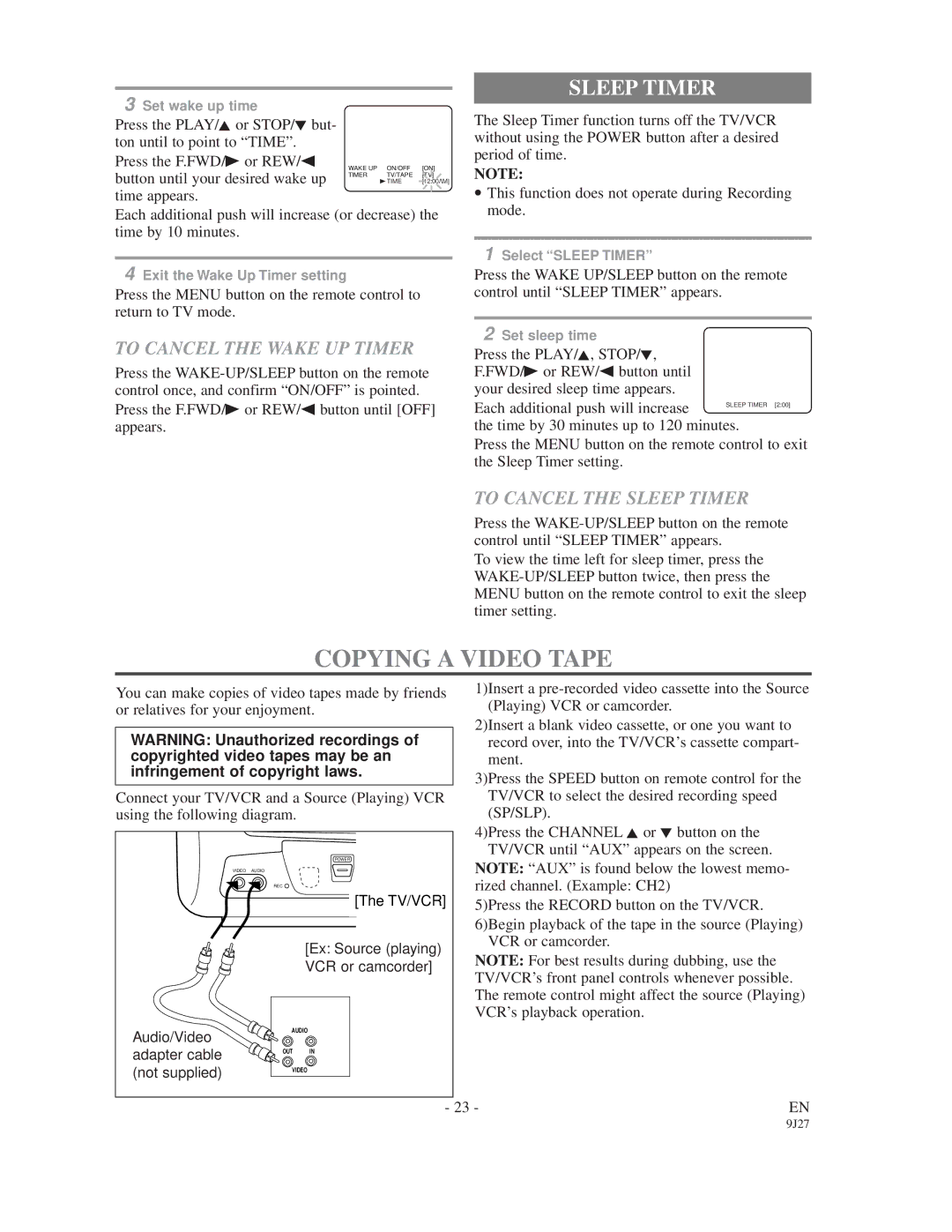 Sylvania 6309CD owner manual Copying a Video Tape, To Cancel the Wake UP Timer, To Cancel the Sleep Timer 