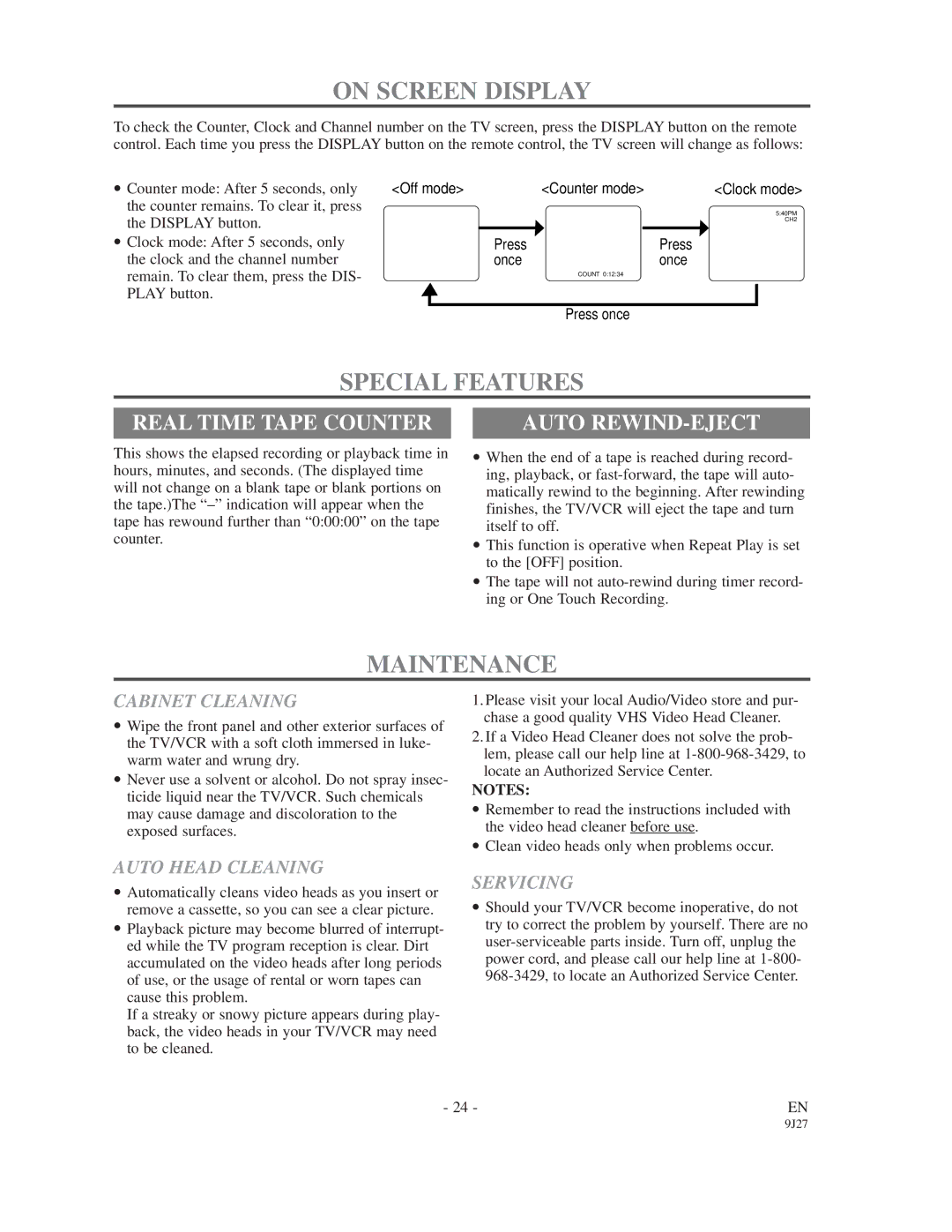 Sylvania 6309CD owner manual On Screen Display, Special Features, Maintenance, Real Time Tape Counter, Auto REWIND-EJECT 