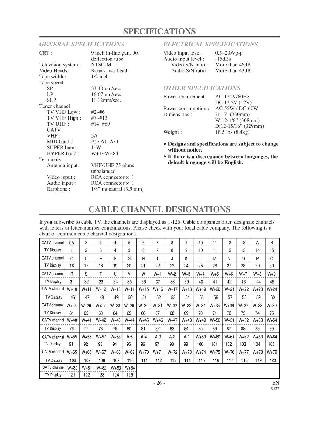 Sylvania 6309CD owner manual General Specifications, Electrical Specifications, Other Specifications 