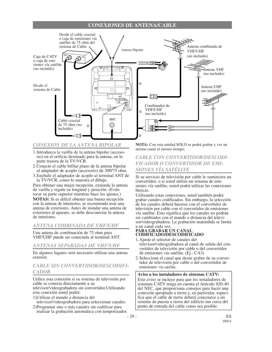 Sylvania 6309CD owner manual Para Grabar UN Canal CODIFICADO/DESCODIFICADO, Aviso a los instaladores de sistemas Catv 