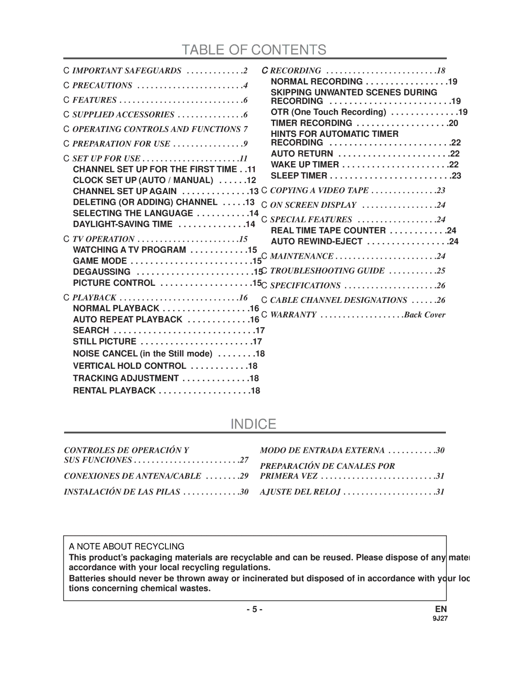 Sylvania 6309CD owner manual Table of Contents, Indice 