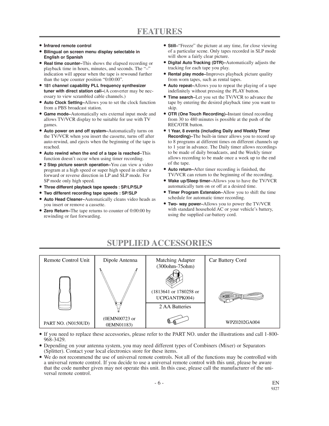 Sylvania 6309CD owner manual Features, Supplied Accessories 