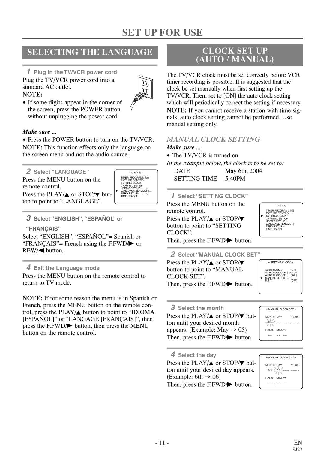 Sylvania 6309CE owner manual SET UP for USE, Selecting the Language, Clock SET UP Auto / Manual, Manual Clock Setting 