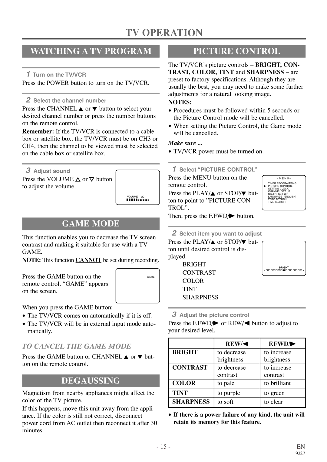 Sylvania 6309CE owner manual TV Operation, Watching a TV Program, Picture Control, Game Mode, Degaussing 