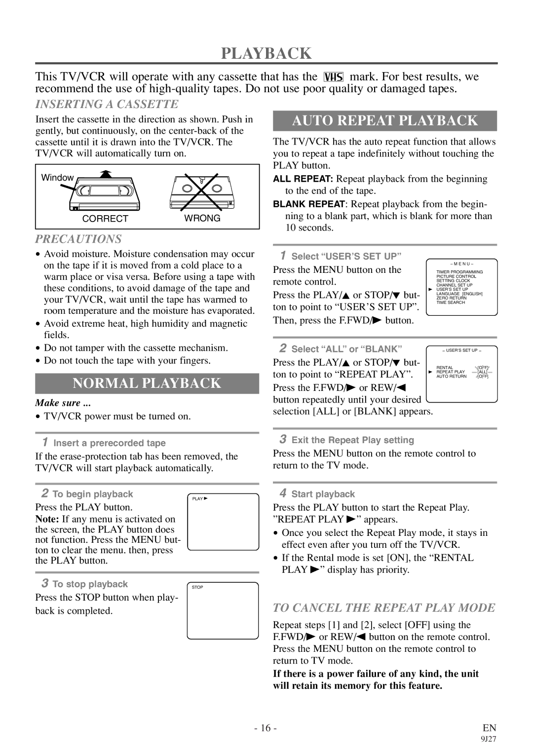 Sylvania 6309CE owner manual Auto Repeat Playback, Normal Playback 